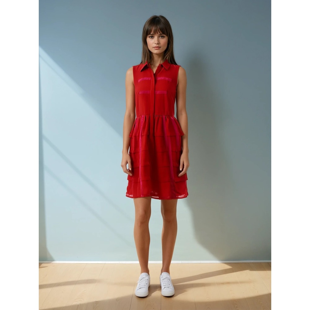 Sachin & Babi Red Sleeveless Tiered Casual Dress Collared Party Size‎ 2